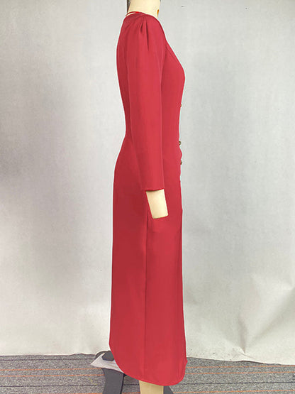 Bodycon Long Sleeves Buttoned Solid Color V-Neck Maxi Dresses Shirt Dress