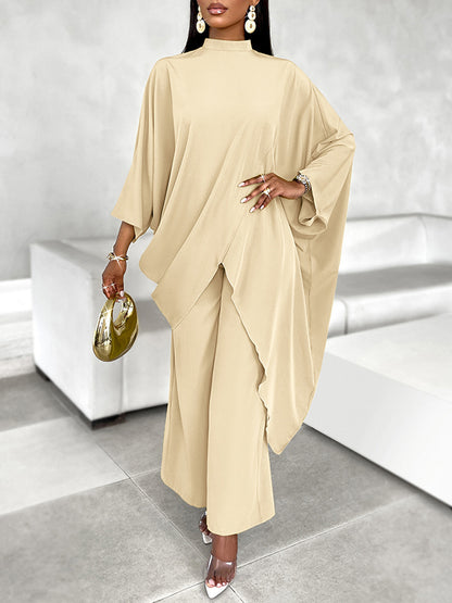 Batwing Sleeves Long Sleeves Asymmetric Hollow Solid Color Mock Neck T-Shirt Top + Pants Bottom Two Pieces Set