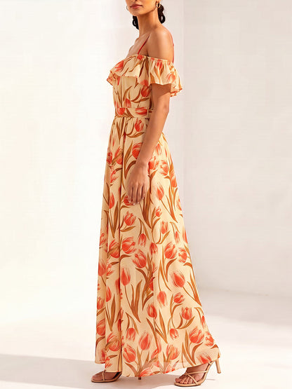 Tied Waist Ruffle Trim Flower Print Elasticity Contrast Color Short Sleeves Loose Off-the-shoulder Maxi Dresses