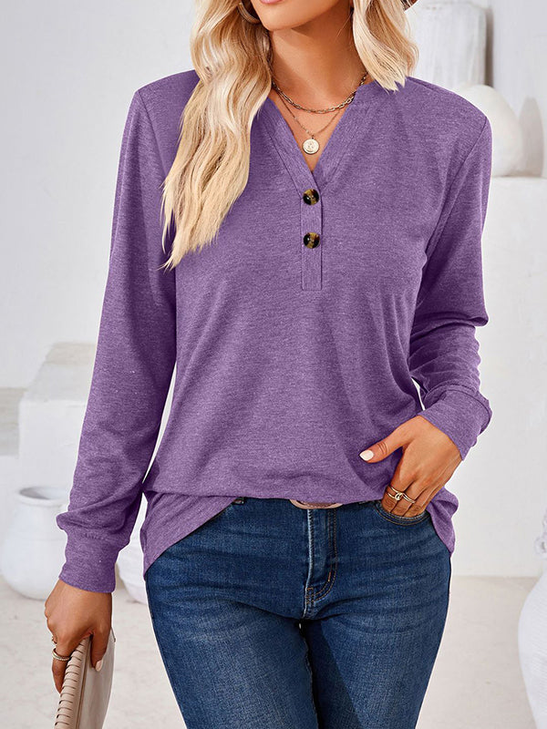 Long Sleeves Loose Split-Joint V-Neck T-Shirts