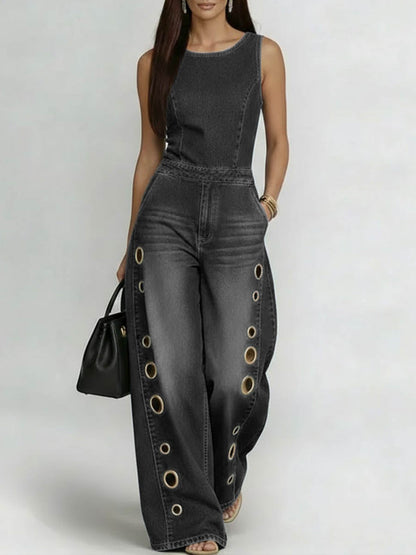 High Waisted Loose Geometric Hollow Pockets Solid Color Split-Joint Round-Neck Jumpsuits