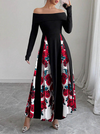 High Waisted Long Sleeves Contrast Color Flower Print Split-Joint Off-the-shoulder Maxi Dresses