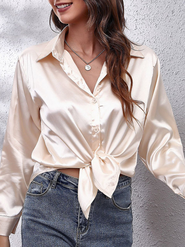 Long Sleeves Loose Solid Color Lapel Blouses