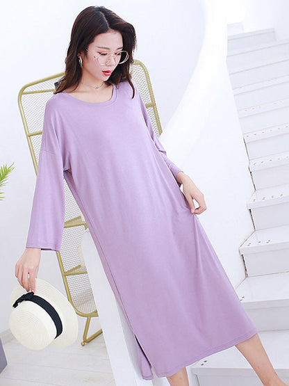 Modal Long Sleeve Split-Side Loose Pajamas Dress