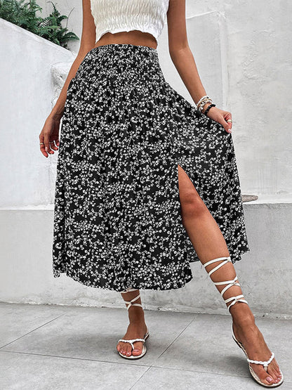 A-Line High Waisted Contrast Color Flower Print Skirts Bottoms