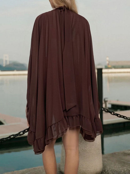 High Waisted Sleeveless Pleated Ruffled Solid Color Split-Joint Tied Mock Neck Mini Dresses Two Pieces Set