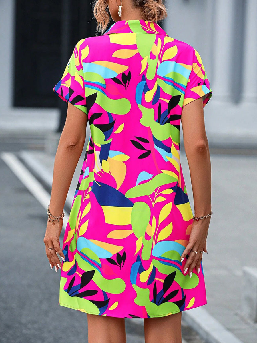 Short Sleeves Buttoned Contrast Color Printed Lapel Mini Dresses Shirt Dress