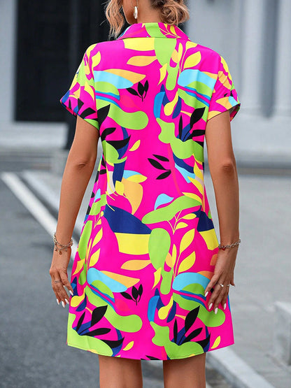 Short Sleeves Buttoned Contrast Color Printed Lapel Mini Dresses Shirt Dress