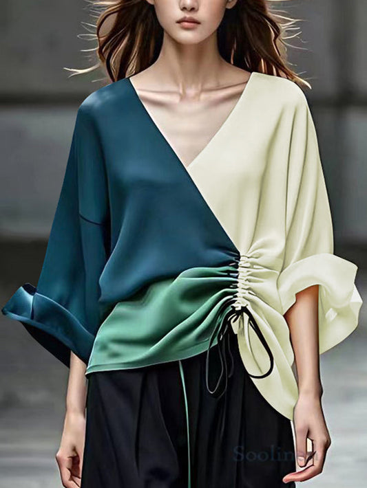 Long Sleeves Loose Color-Block Contrast Color Drawstring Elasticity V-Neck Blouses&Shirts Tops