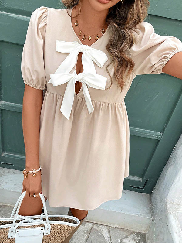 A-Line Loose Bowknot Elasticity Pleated Round-Neck Mini Dresses