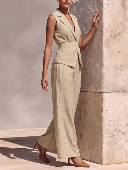 Solid Color Notched Collar Tied Sleeveless Vest Top + High Waisted Pockets Pants Trousers Two Pieces Set