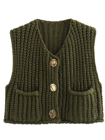 Sleeveless Buttoned Pockets Solid Color Cardigan Tops Knit Top