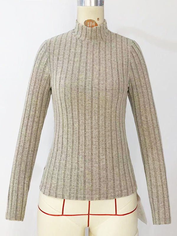 Long Sleeves Skinny Pleated Solid Color Split-Joint High Neck Sweater Tops