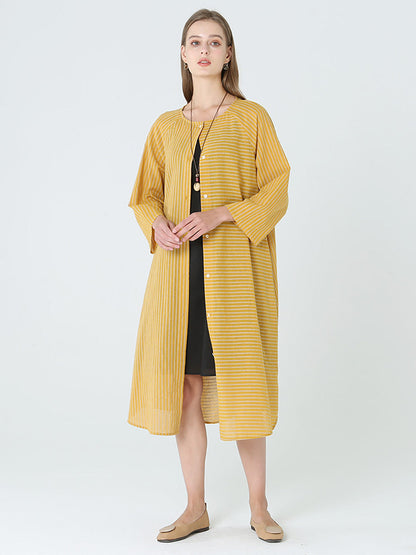 Plus Size Stripe Spring Long Sleeve Single Breasted Loose Dress