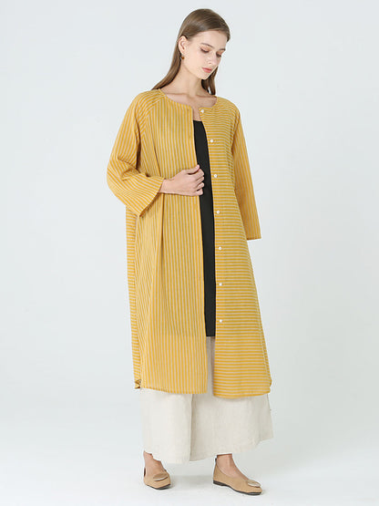 Plus Size Stripe Spring Long Sleeve Single Breasted Loose Dress