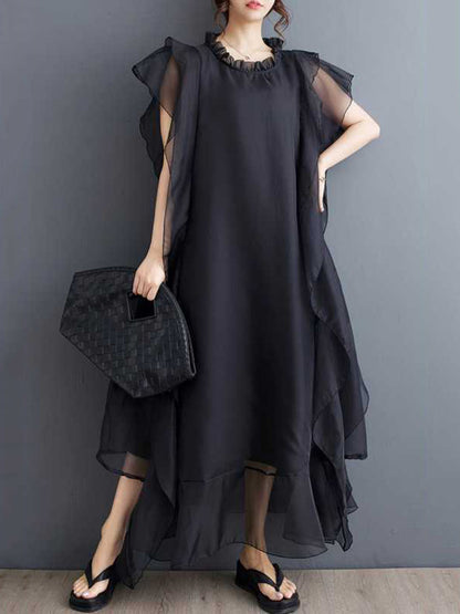 A-Line Ruffle Sleeves Pleated Solid Color Split-Joint Round-Neck Midi Dresses