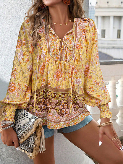 Long Sleeves Loose Contrast Color Drawstring Flower Print Pleated Split-Joint V-Neck Blouses&Shirts Tops