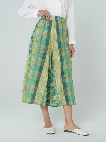 Plus Size Women Elastic Waist Loose Plaid Green Pants M-2XL