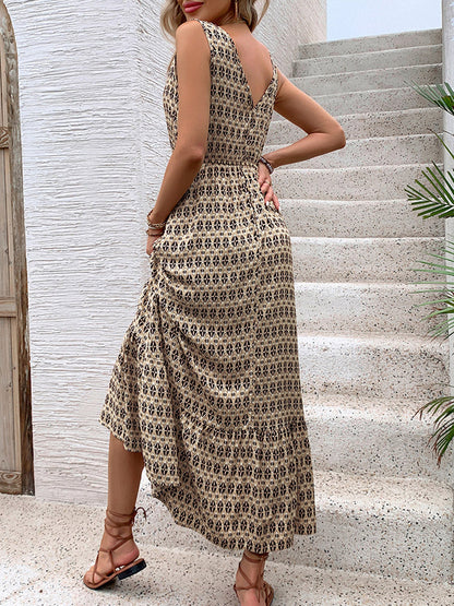 High Waisted Sleeveless Contrast Color Printed Tied Waist V-Neck Maxi Dresses