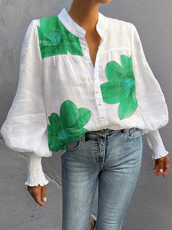 Loose Puff Sleeves Buttoned Flower Print Stand Collar Blouses&Shirts Tops
