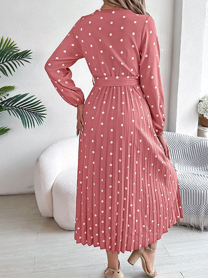 High Waisted Long Sleeves Pleated Polka Dot Tied Waist V-Neck Maxi Dresses Shirt Dress