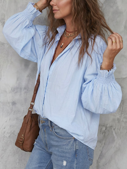 Long Sleeves Loose Buttoned Pleated Solid Color Lapel Blouses&Shirts Tops