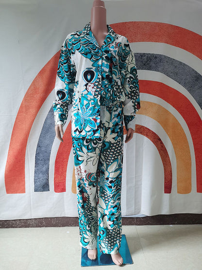 Flower Print Long Sleeves Buttoned Notched Collar Shirts Top + High Waisted Pants Bottom Two Pieces Set