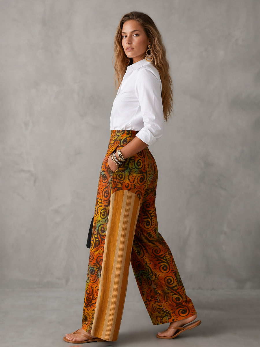 High Waisted Loose Contrast Color Pockets Printed Pants Trousers