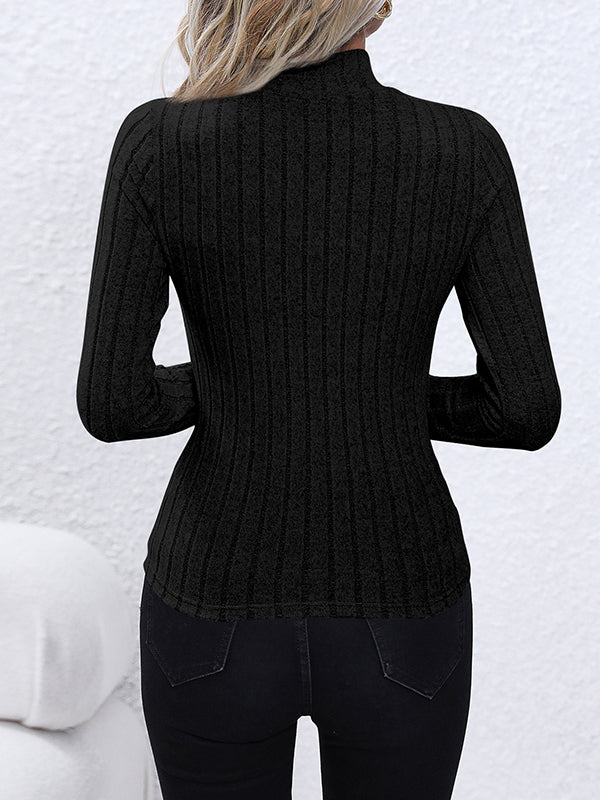 Long Sleeves Skinny Pleated Solid Color Split-Joint High Neck Sweater Tops
