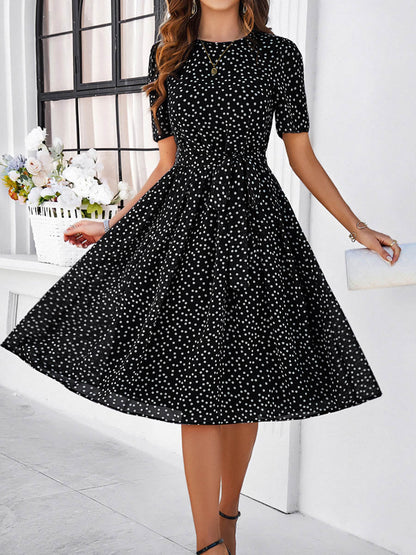 A-Line Elasticated Waist Contrast Color Polka Dot Split-Joint Tied Waist Round-Neck Midi Dresses