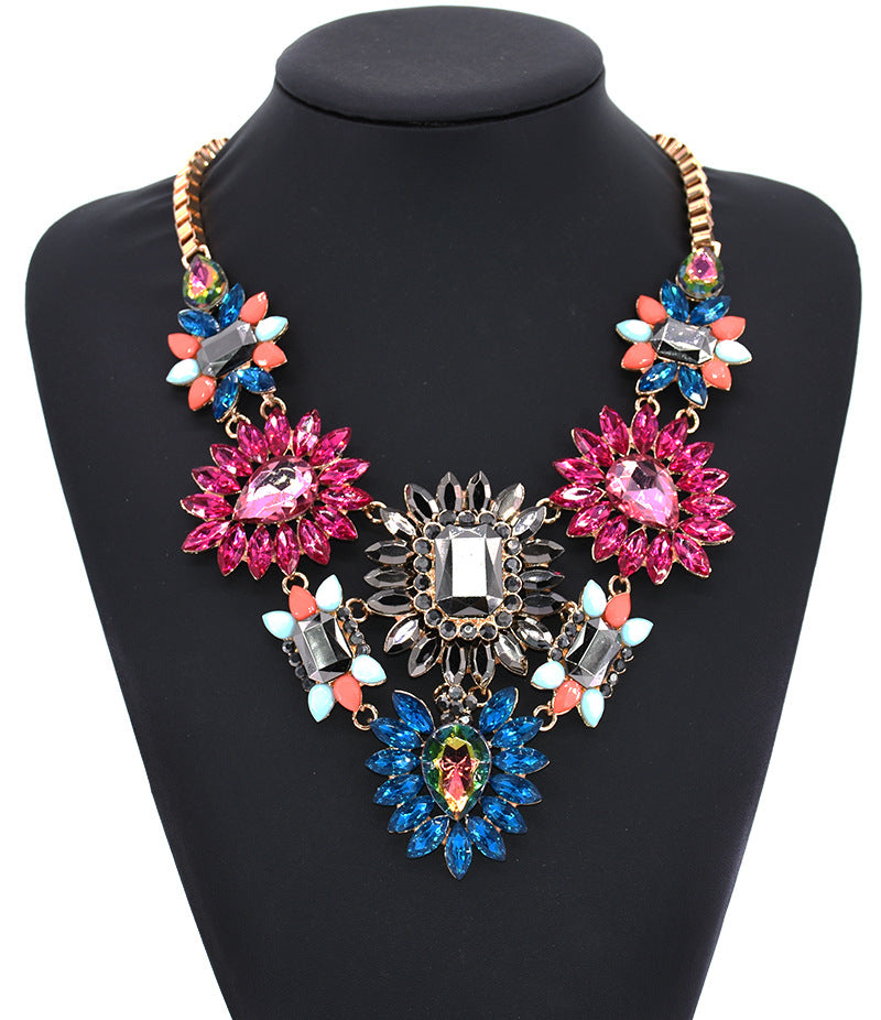 exaggerated shiny flower alloy plating inlay artificial crystal gem rhinestones women's long necklace necklace