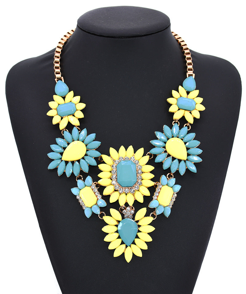 exaggerated shiny flower alloy plating inlay artificial crystal gem rhinestones women's long necklace necklace