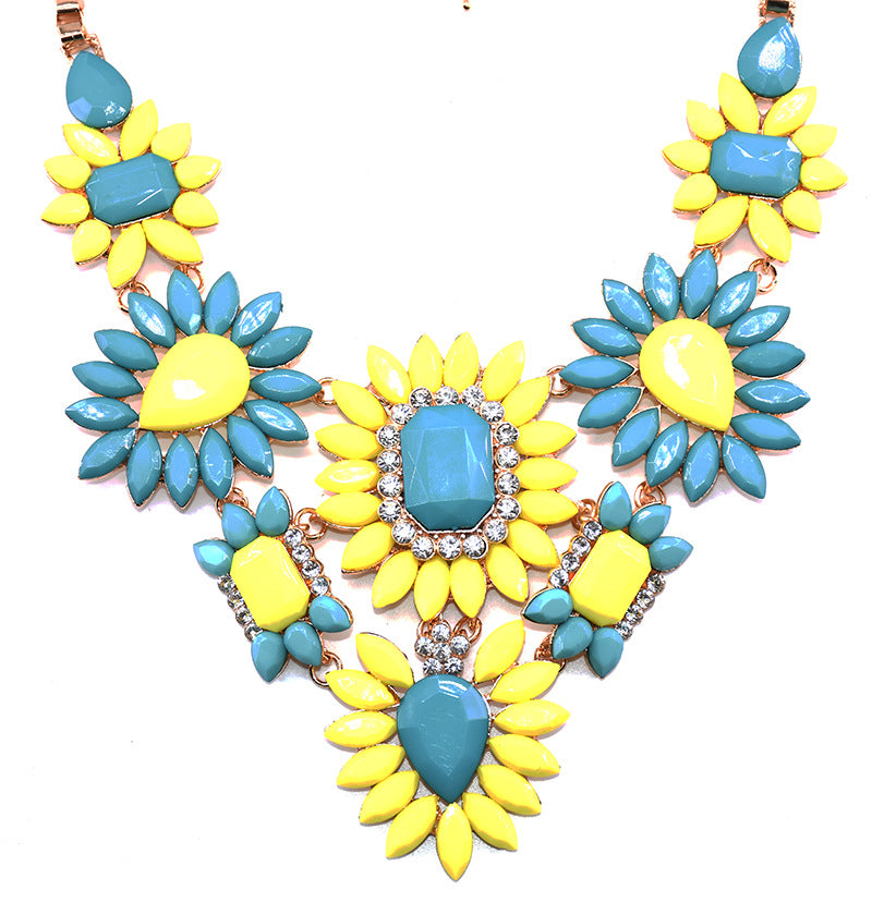 exaggerated shiny flower alloy plating inlay artificial crystal gem rhinestones women's long necklace necklace