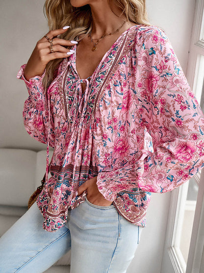 Long Sleeves Loose Contrast Color Drawstring Flower Print Pleated Split-Joint V-Neck Blouses&Shirts Tops