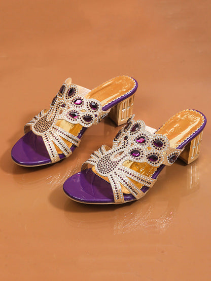 Square Heel Open Toe Rhinestone Pumps