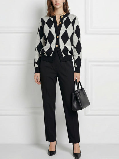 Long Sleeves Buttoned Plaid Round-Neck Cardigan Tops