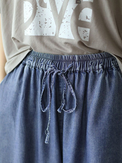High Waisted Ninth Pants Drawstring Elasticity Pockets Wide Leg Jean Pants