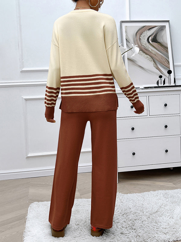 Long Sleeves Loose Contrast Color Split-Side Striped Round-Neck Sweater Top + Pants Bottom Two Pieces Set