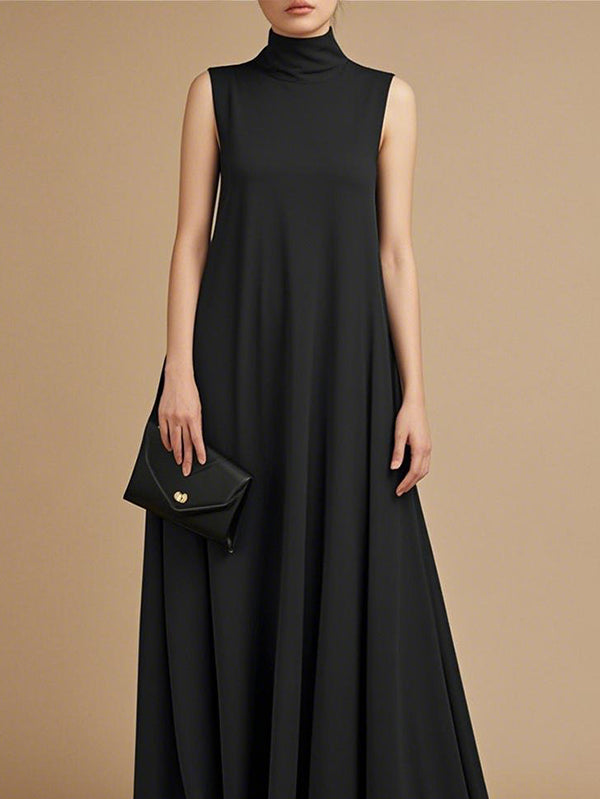 Loose Sleeveless Pockets Solid Color High Neck Maxi Dresses