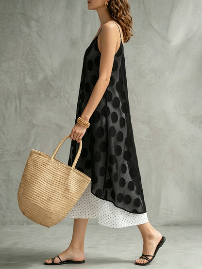 False Two Sleeveless Contrast Color Polka Dot See-Through Spaghetti-Neck Midi Dresses Slip Dress