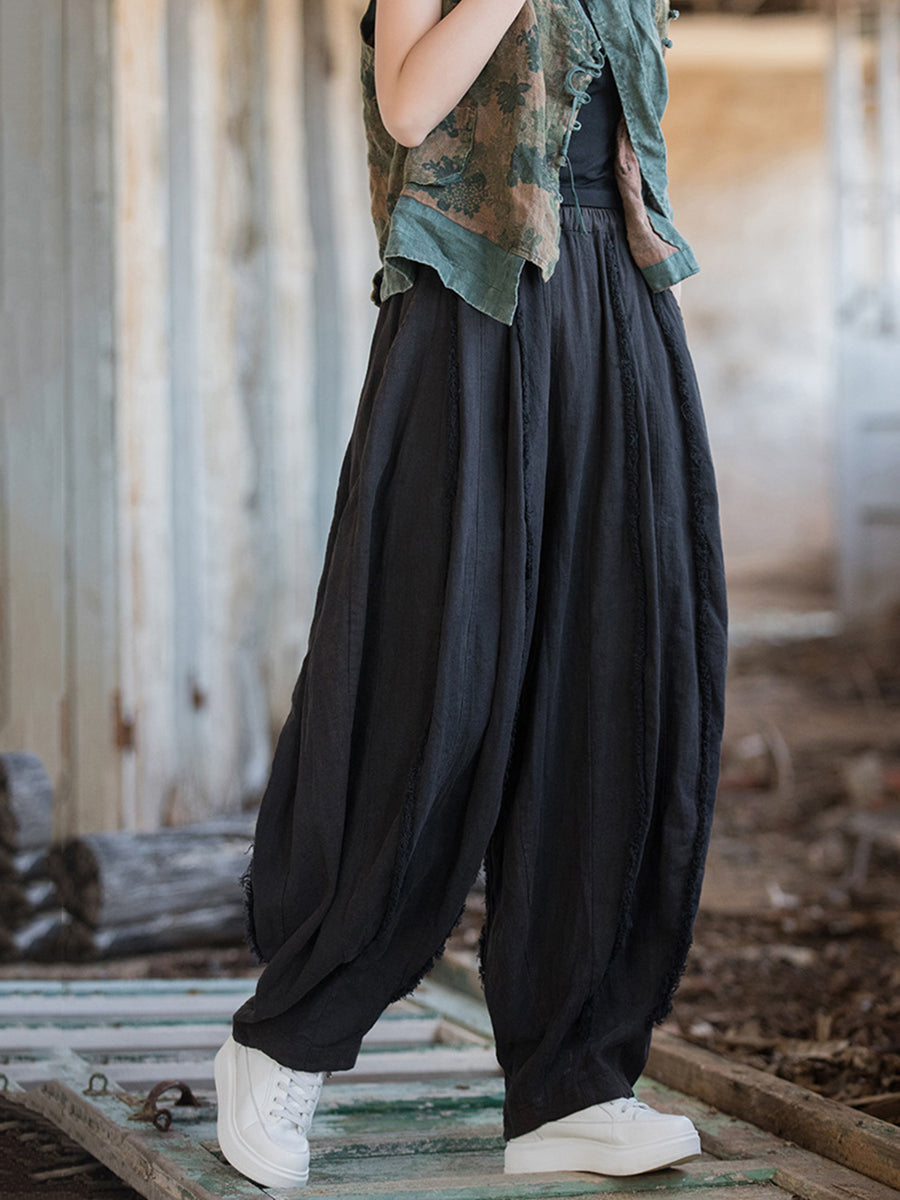 Women Summer Retro Solid Raw-edge Spliced Loose Bloomers