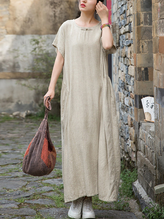 Women Summer Artsy Pure Color O-Neck Linen Dress