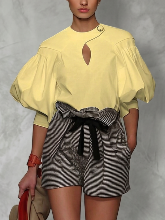 Half Sleeves Puff Sleeves Buttoned Hollow Solid Color Split-Joint Round-Neck Blouses&Shirts Tops
