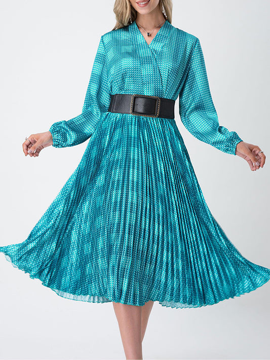 Long Sleeves Loose Belted Pleated Printed V-Neck Midi Dresses