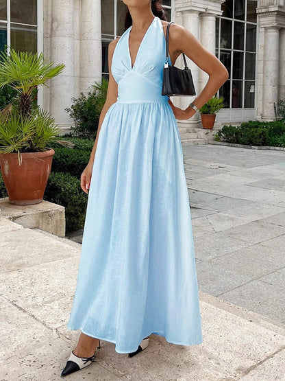 A-Line High Waisted Backless Pleated Solid Color Split-Joint Halter-Neck Midi Dresses