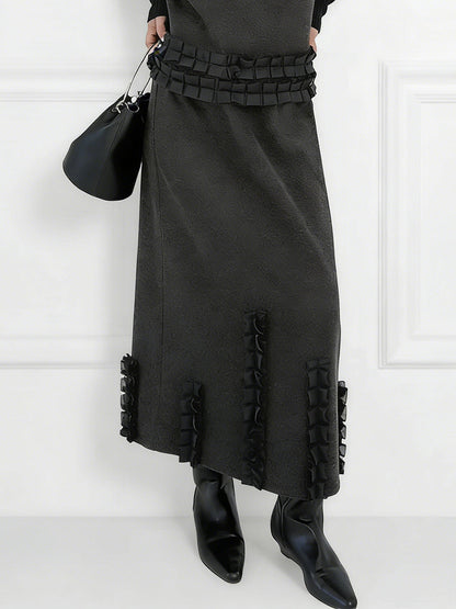 Contrast Color Ruffled Split-Joint V-Neck Vest Top + Elasticated Waist High Waisted Pleated Skirts Bottoms Two Pieces Set