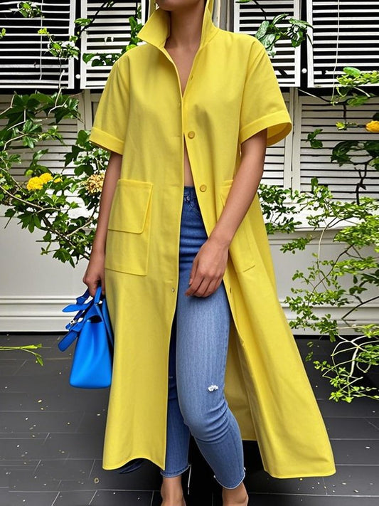 Loose Short Sleeves Buttoned Pockets Solid Color Stand Collar Blouse Outerwear Midi Dress