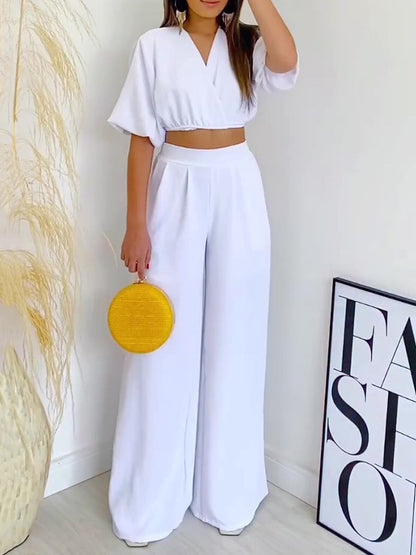Half Sleeves Elasticity Solid Color Tied V-Neck T-Shirts Top +High Waisted Pants Bottom Two Pieces Set