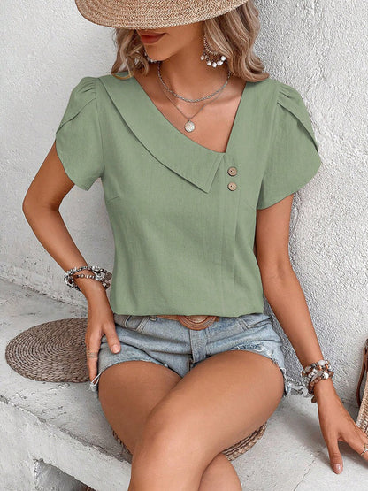 Loose Puff Sleeves Asymmetric Buttoned Solid Color Asymmetric Neckline Blouses&Shirts Tops