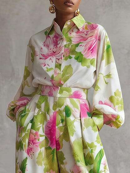 Flower Print Contrast Color Buttoned Loose Long Sleeves Lapel Blouses&shirts Tops